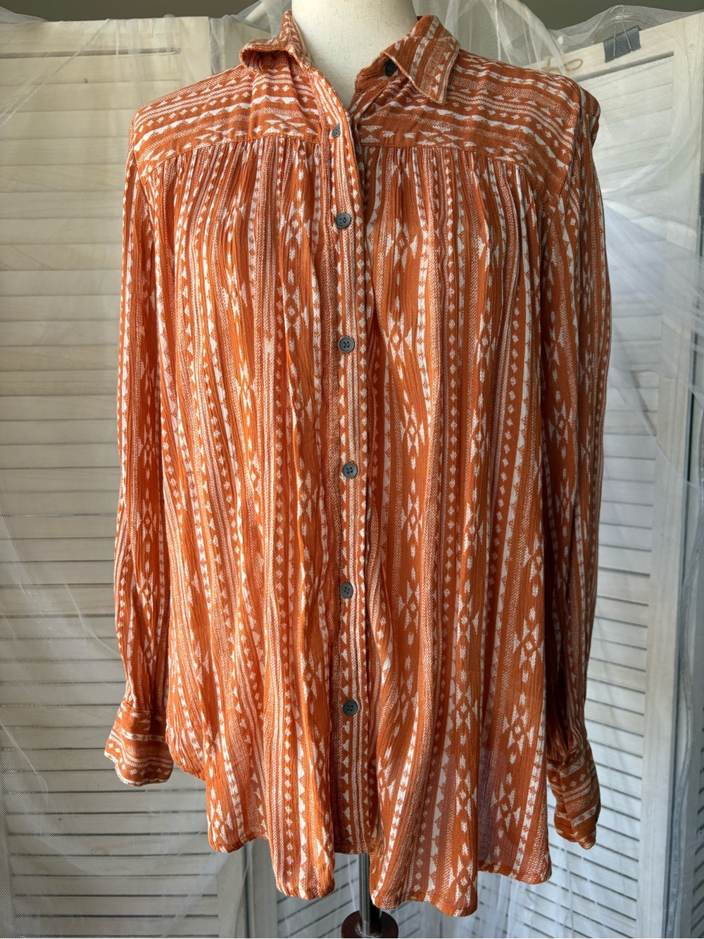 Vanilla Star Rust Orange Tribal-Print Button Front Blouse